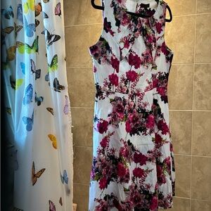 Sleeveless White Midi Dress with Pink Floral Print